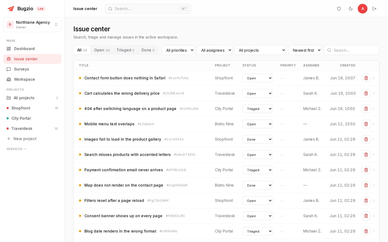 The Bugzio bug report list with projects, statuses and assignees