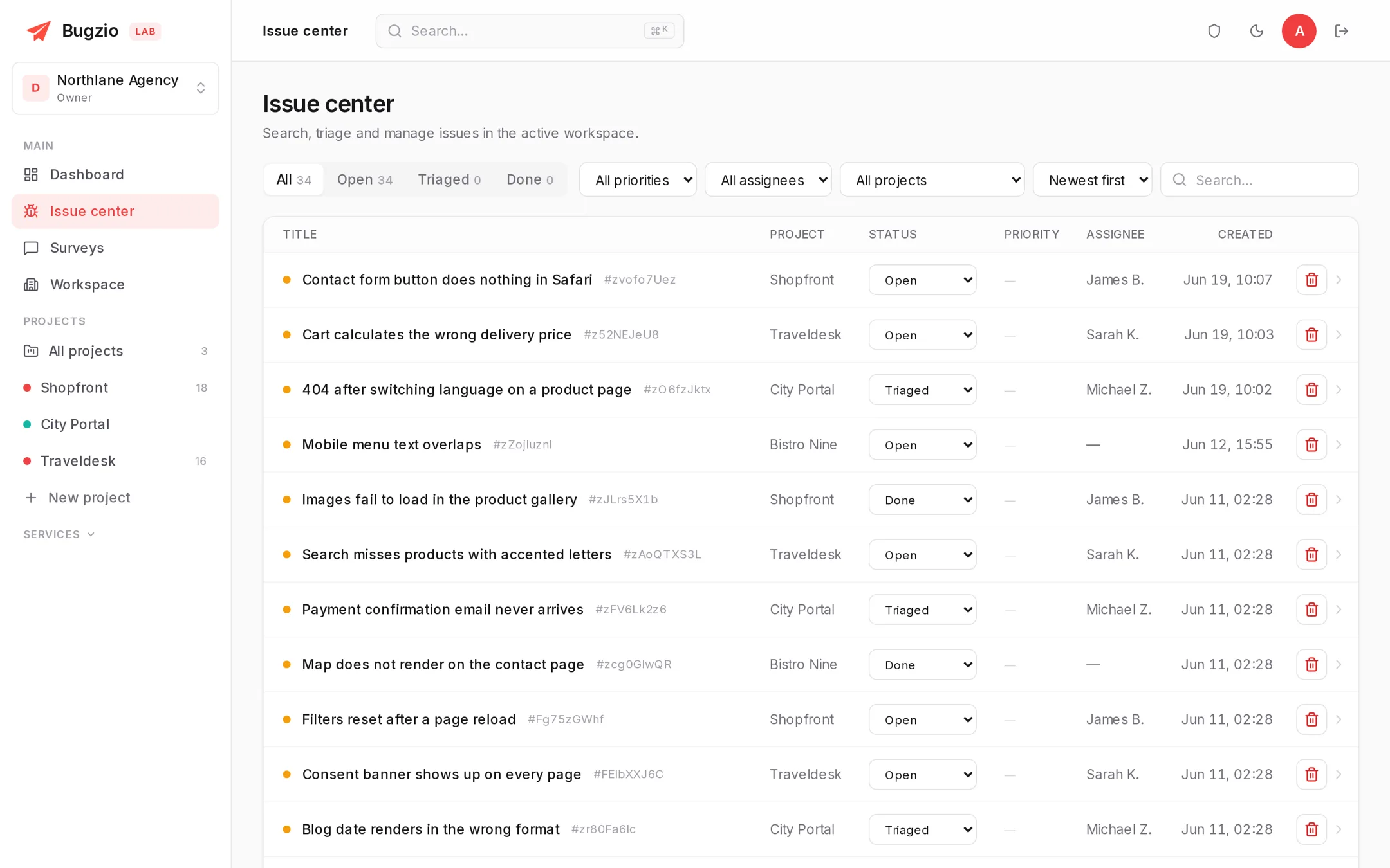 The Bugzio bug report list with projects, statuses and assignees