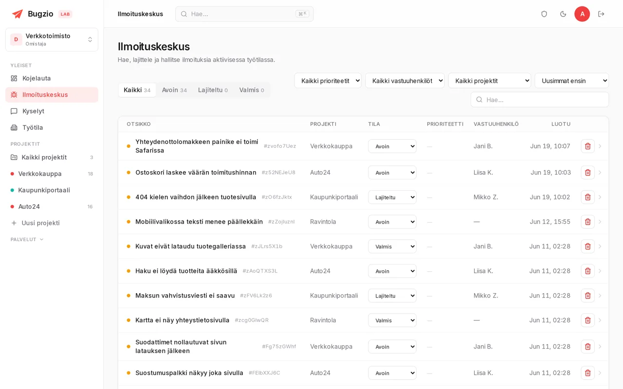 Bugzion vikailmoitusnäkymä: lista projekteineen, tiloineen ja vastuuhenkilöineen