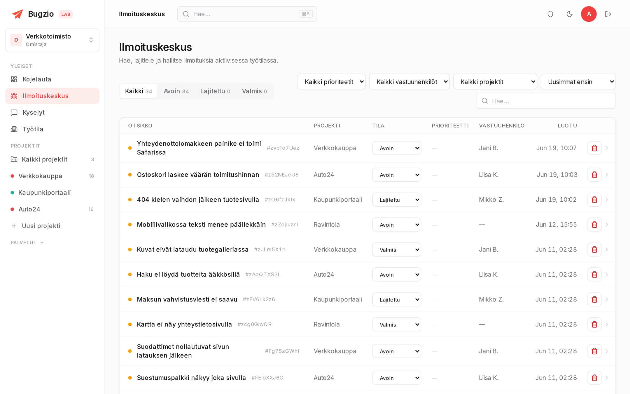 Bugzion vikailmoitusnäkymä: lista projekteineen, tiloineen ja vastuuhenkilöineen