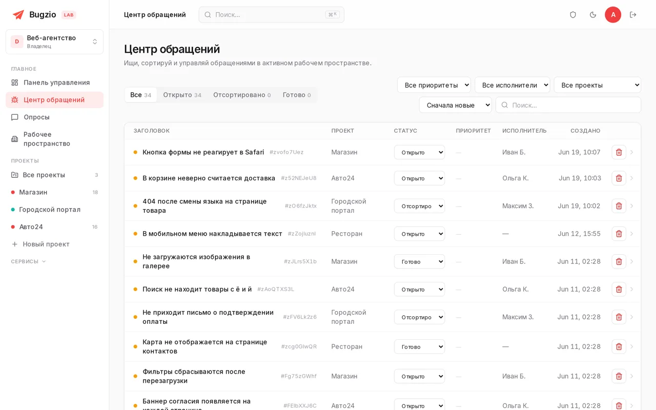 Центр ошибок Bugzio: список ошибок с проектами, статусами и исполнителями